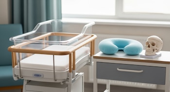 Cuna transparente con base de madera, colchón blanco, una almohada azul en forma de U y un modelo de cráneo humano sobre una mesa lateral blanca.