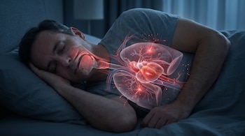 Hombre adulto durmiendo de lado en una cama oscura. Sobre su torso, una visualización translúcida muestra estructuras respiratorias, el corazón y puntos de luz roja.