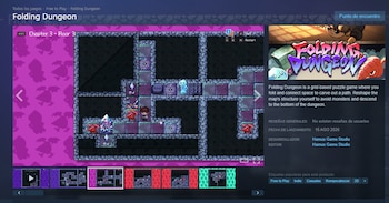 Captura de pantalla del videojuego Folding Dungeon en Steam. Muestra la interfaz de juego con un mapa de mazmorra, personajes pixelados y menú con información del juego