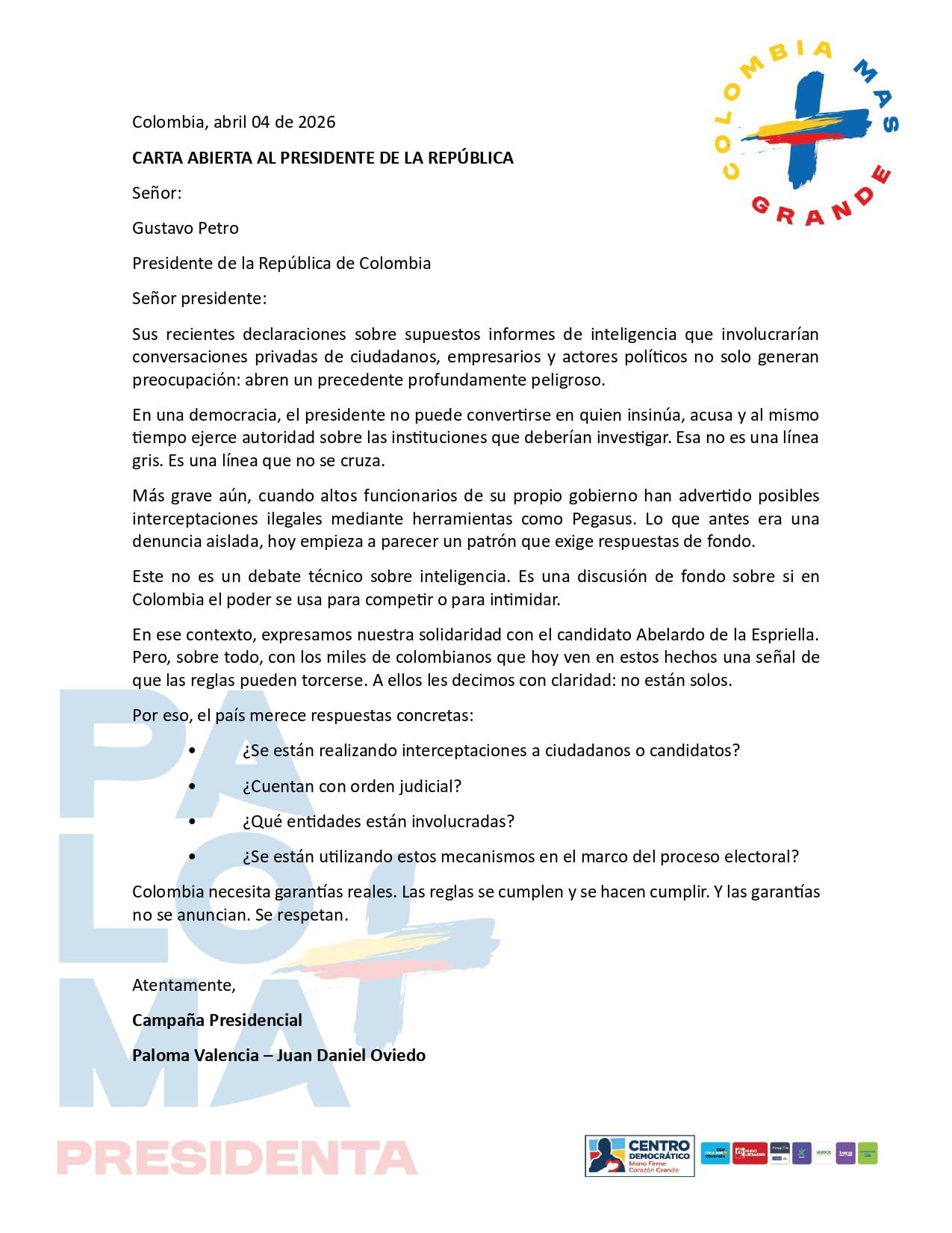 Paloma Valencia expresó su preocupación por posibles interceptaciones y el uso de información de inteligencia en el contexto electoral. - crédito @PalomaValenciaL/X