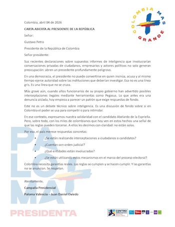 La candidata señaló que las declaraciones de Petro sientan un precedente peligroso para la democracia y exigió respuestas claras - crédito @PalomaValenciaL/X