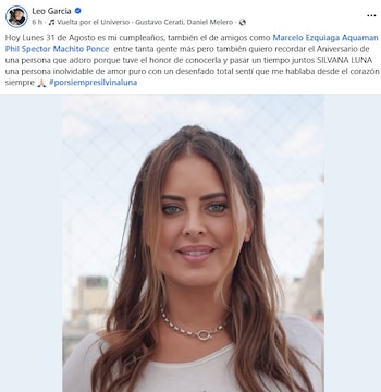Captura de pantalla de una publicación en redes sociales con un texto en memoria de Silvina Luna y un retrato fotográfico de la modelo