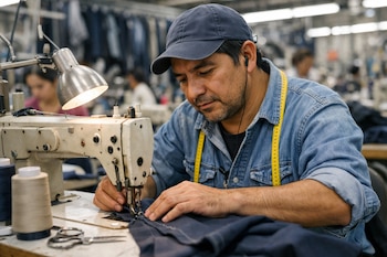 Hombre con gorra y cinta métrica opera una máquina de coser industrial sobre una mesa con tela, hilos y tijeras. Se ven prendas colgadas al fondo.