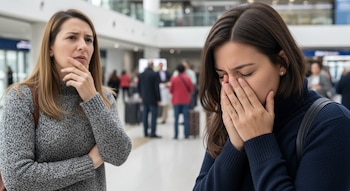 Primer plano de dos mujeres en un espacio público interior; una se cubre el rostro con las manos y la otra tiene la mano en la barbilla.