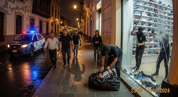 Três homens, dois deles usando balaclavas, quebraram o vidro da sapataria com pés de cabra e colocaram os tênis em uma sacola grande. Carros de patrulha e pedestres estão na estrada.