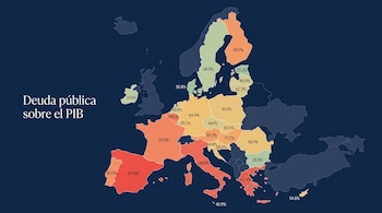Mapa de Europa, países con colores degradados desde el rojo hasta el verde claro, mostrando porcentajes numéricos en cada territorio. Texto "Deuda pública sobre el PIB".