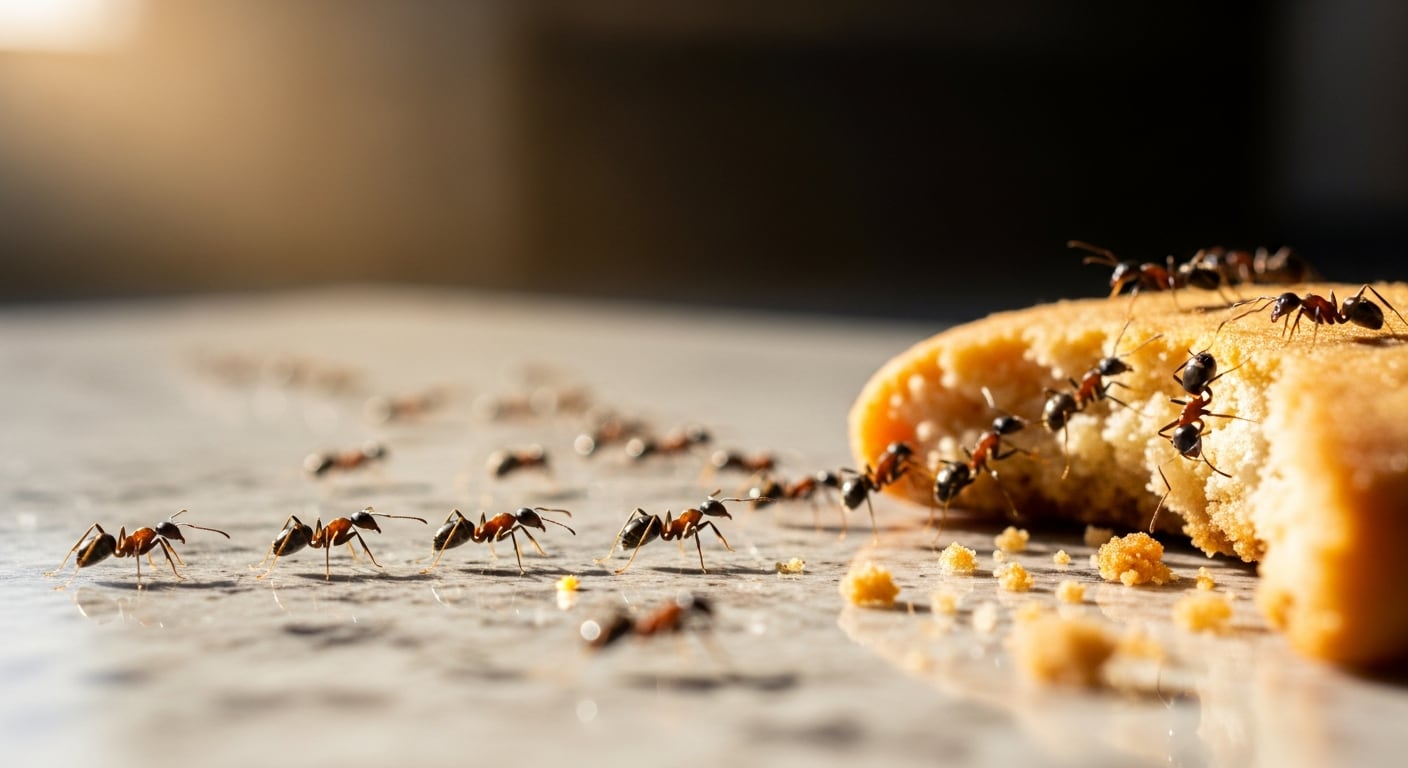 Una colonia de hormigas obreras se agrupa alrededor de una galleta mordida. (Imagen Ilustrativa Infobae)