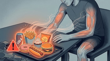 Ilustración de una persona sentada con músculos pálidos y desvaneciéndose, mirando una bandeja de comida rápida y ultraprocesada que brilla, junto a una señal de advertencia roja.