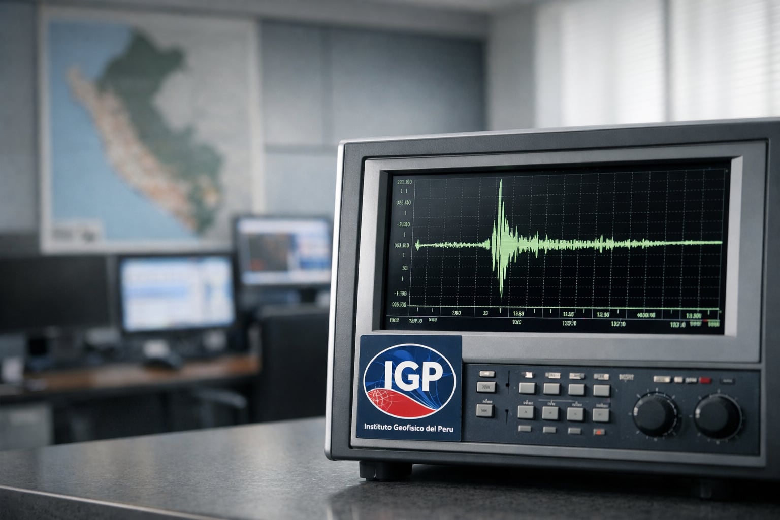 Un sismógrafo del Instituto Geofísico del Perú (IGP) muestra el registro de la actividad sísmica, con un mapa de Perú de fondo en las instalaciones de Lima. (Imagen Ilustrativa Infobae)