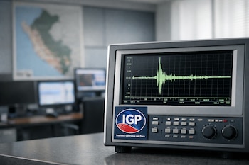 Sismógrafo digital con pantalla que muestra gráficos de ondas sísmicas y el logo del Instituto Geofísico del Perú. Al fondo, un mapa de Perú en una oficina.