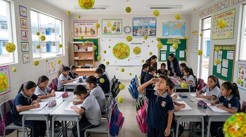 Niños en un aula escolar con maestros, sentados en pupitres y escribiendo. Esferas amarillas que representan el virus Coxsackie flotan y se ven en la pizarra