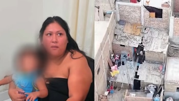 Composición con una mujer que sostiene a un niño de rostro difuminado a la izquierda y una vista aérea de viviendas de ladrillo a la derecha