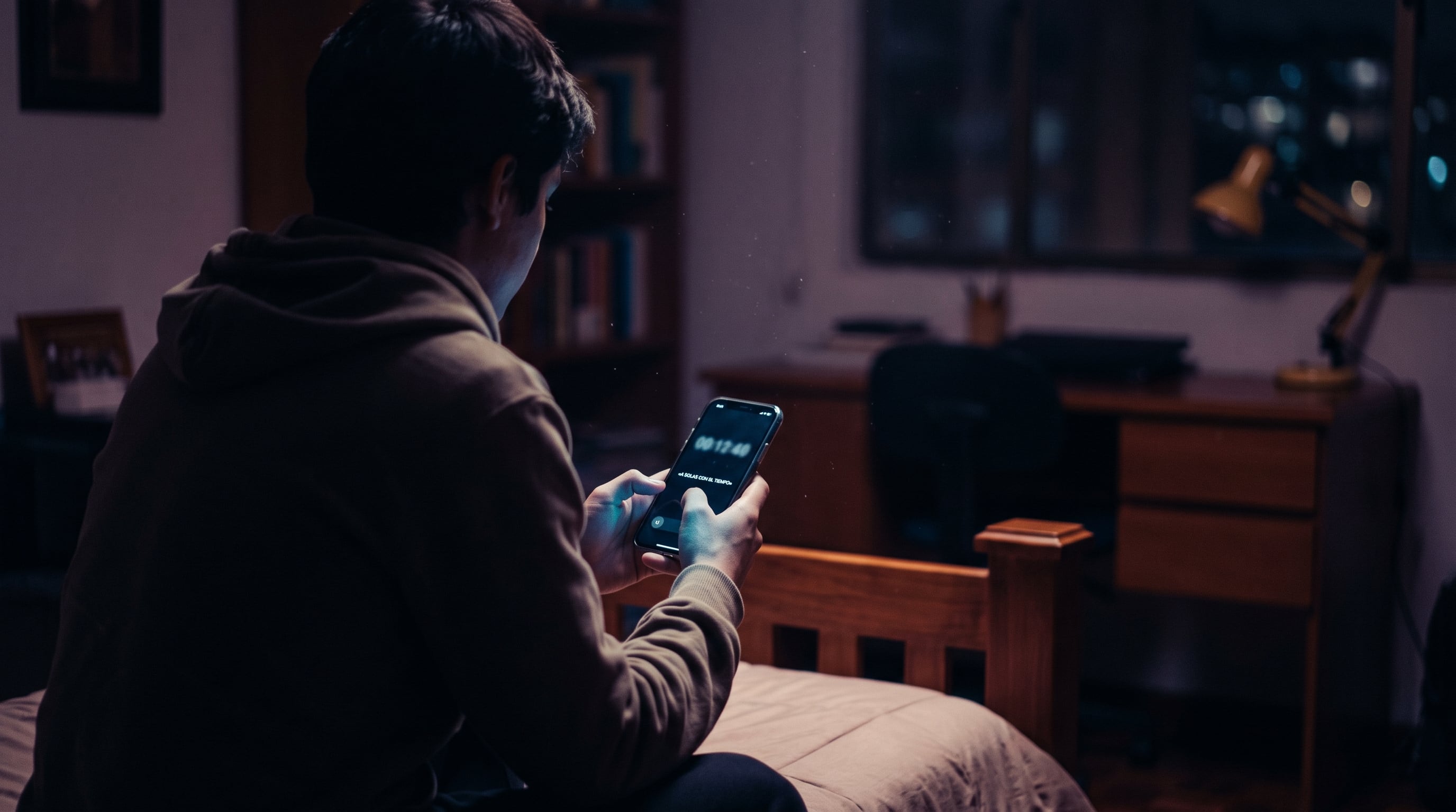 Un joven observa la pantalla encendida de su teléfono inteligente en la penumbra de su habitación durante la noche. (Imagen Ilustrativa Infobae)