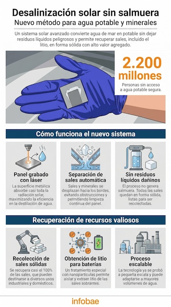 Infografía muestra un guante de látex azul sosteniendo un dispositivo para desalinización, y diagramas del proceso de purificación de agua y recuperación de litio.