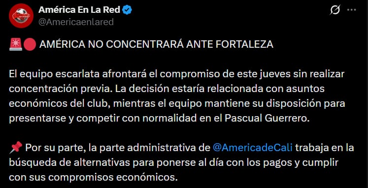 América de Cali no concentraría ante Fortaleza, sino que los jugadores llegarían por separado al estadio Pascual Guerrero el 29 de octubre - crédito @Americaenlared/X