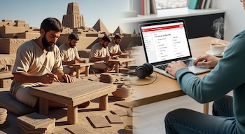 Hombres escriben en tablillas de arcilla con estiletes en un paisaje mesopotámico, y una persona usa una computadora portátil con auriculares y taza de café.