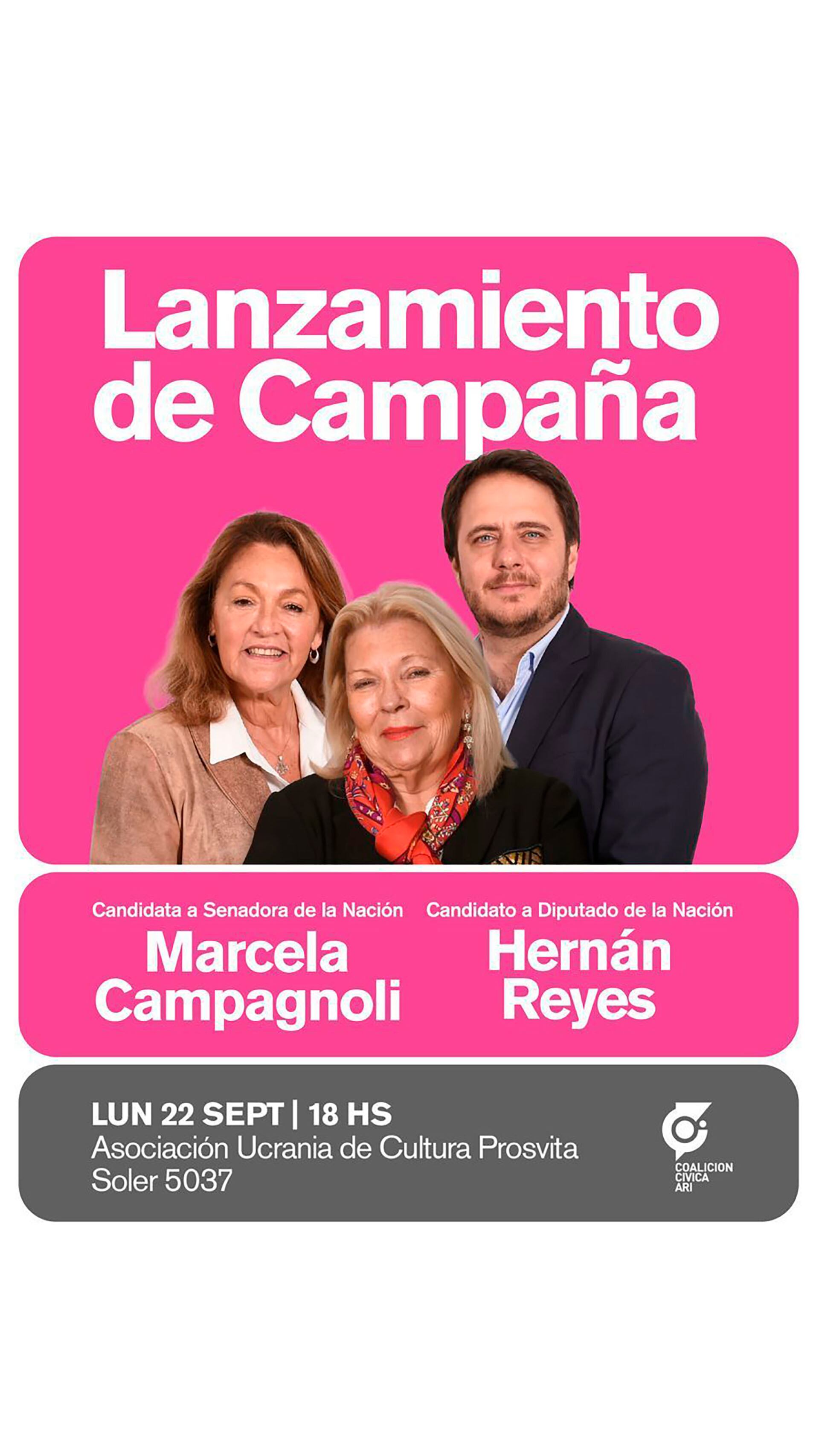 Elisa Carrió presentará las candidaturas de Marcela Campagnoli y de Hernán Reyes.