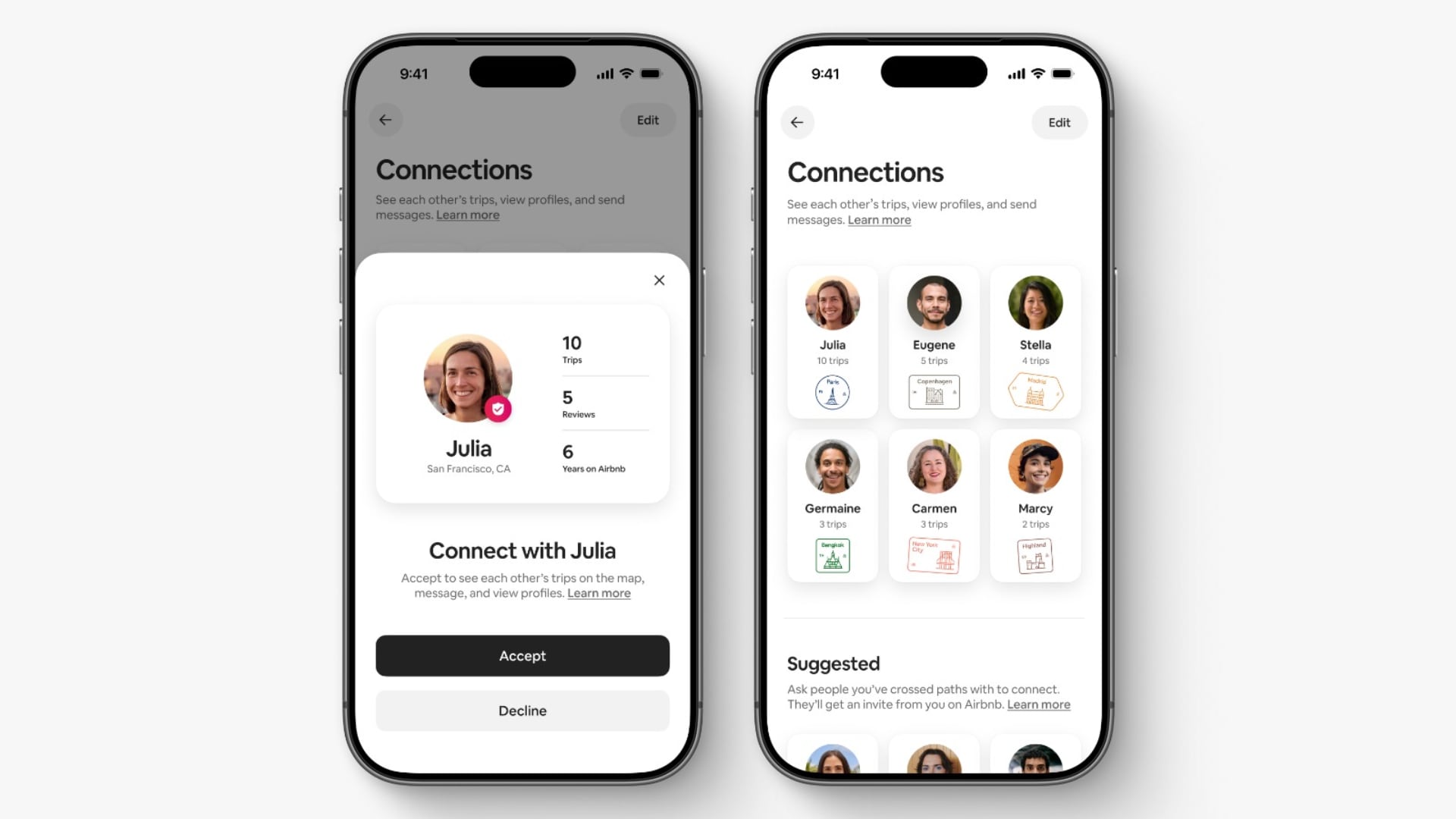 Airbnb permite a los usuarios conectar con familiares y amigos para ver sus viajes anteriores y futuros destinos. (Airbnb)