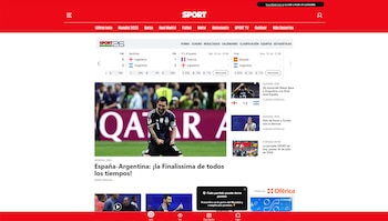 Página web del periódico deportivo Sport. Incluye menú de navegación, resultados del Mundial 2026 (semifinales, tercer puesto, final) y fotografía de Lionel Messi