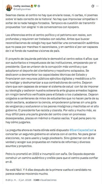 La representante Cathy Juvinao lanzó un mensaje crítico sobre la campaña presidencial y la situación del centro político en Colombia - crédito @CathyJuvinao/X