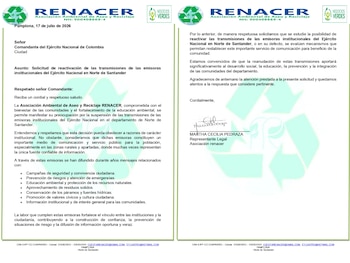 Renacer, associação ambientalista de limpeza e reciclagem, alertou que a interrupção da transmissão está afetando comunidades rurais onde a base do Exército é a única fonte confiável de informação - nota de crédito à Infobae Colombia