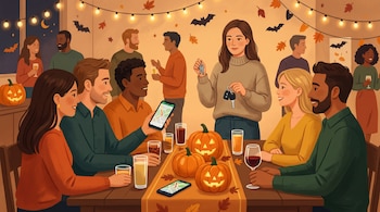 Personas reunidas alrededor de una mesa con calabazas talladas, vasos, teléfonos con mapas y una mujer de pie que sostiene llaves de vehículo.