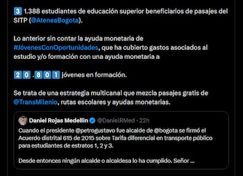 La Alcaldía de Bogotá defiende su política de subsidios y apoyos de transporte dirigidos a más de 146.000 estudiantes y jóvenes - crédito X