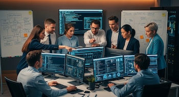 Ocho personas en una oficina miran pantallas de computadora con código y gráficos. Se observan pizarrones con diagramas y bastidores de servidores al fondo.