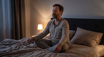 Un hombre con barba permanece sentado con las piernas cruzadas y los ojos cerrados sobre una cama iluminada por una luz tenue.