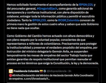 Antonio Sanguino afirmó que la mesa de empalme del sector Trabajo se suspendió por instrucción de Germán Ávila, ministro de Hacienda y jefe del proceso de empalme - crédito X