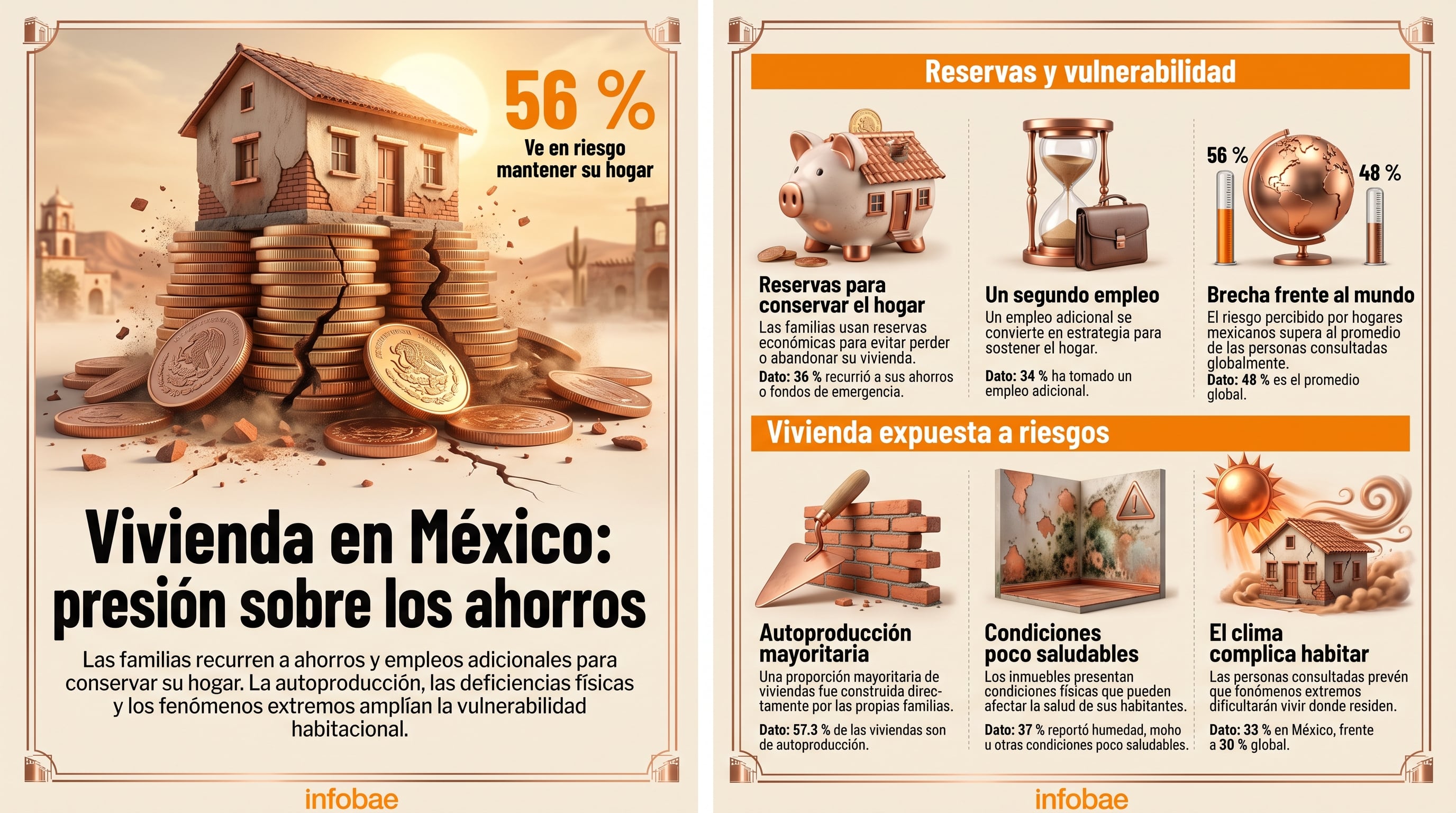 Una infografía de Infobae expone el impacto económico y los riesgos físicos que afrontan los hogares en México para mantener su vivienda. (Imagen Ilustrativa Infobae)