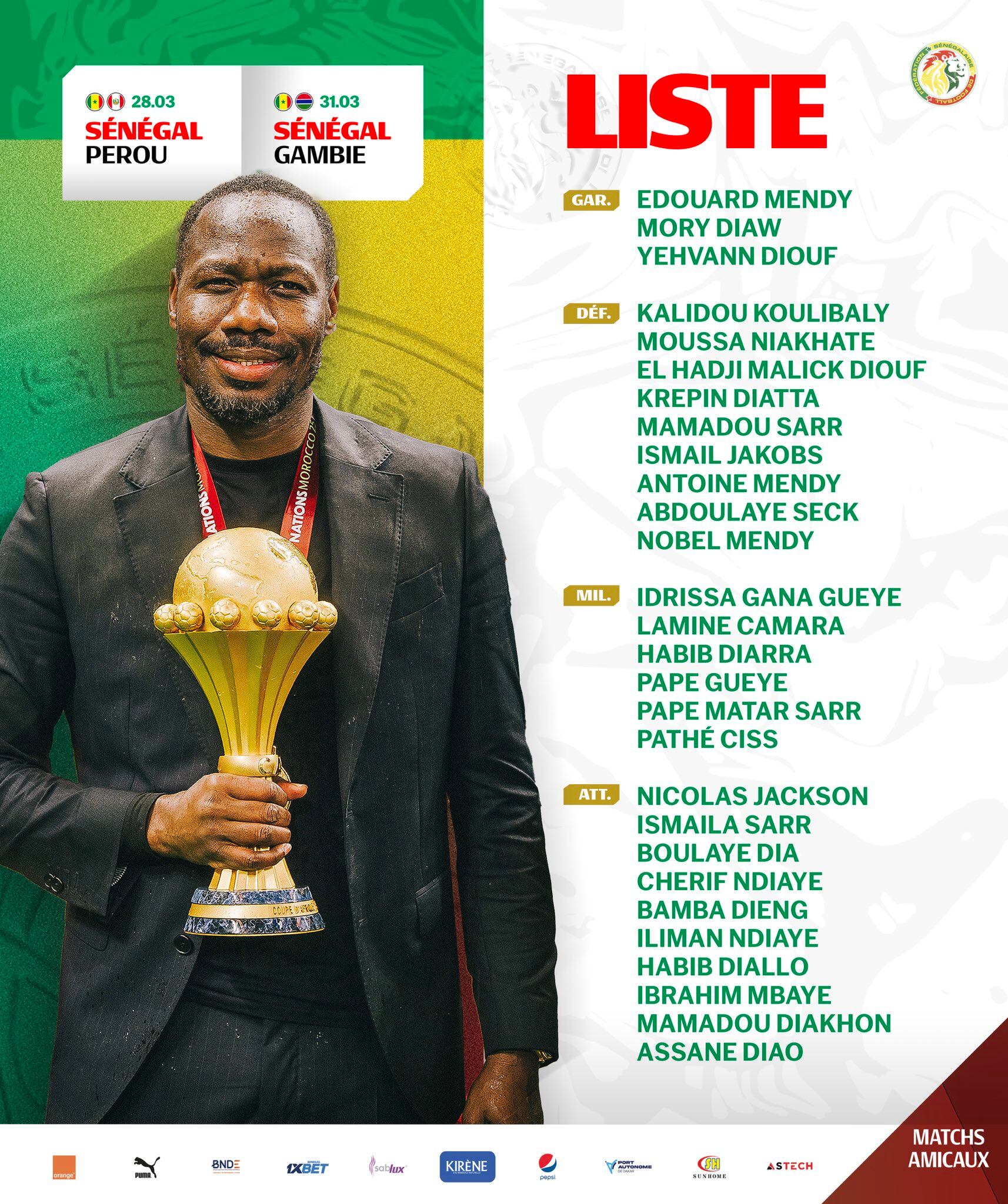 Lista de convocados de Senegal para enfrentar a Perú.