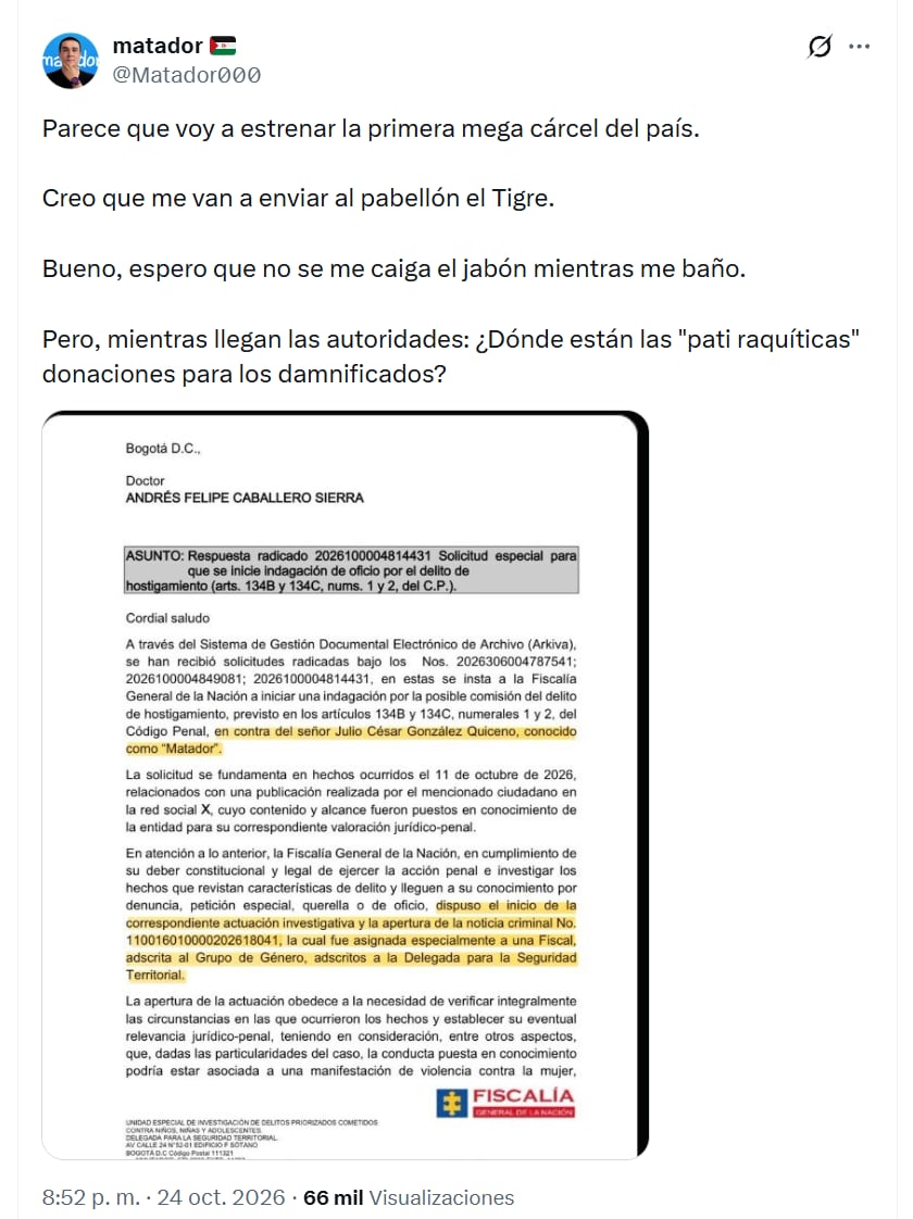 El caricaturista Matador respondió con ironía a la indagación de la Fiscalía por su publicación contra la primera dama Ana Lucía Pineda - crédito @Matador000/X