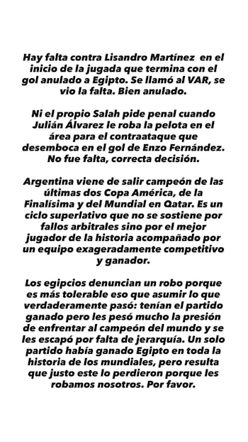 Rosemblat también rechazó el reclamo de penal de Egipto y afirmó que Julián Álvarez no cometió infracción sobre Mohamed Salah en la jugada del gol de Enzo Fernández