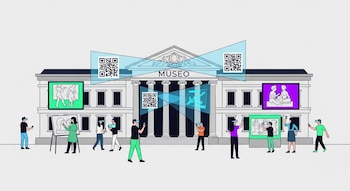 Ilustración de museo con fachada clásica y la palabra "MUSEO" que integra pantallas, códigos QR y proyecciones. Varias figuras usan dispositivos AR/VR.