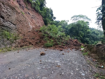 Camino de tierra y grava con rocas grandes bloqueado por un desprendimiento de tierra y rocas marrones. Ladera rocosa con vegetación a la izquierda, árboles a la derecha