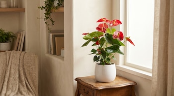 Una planta de Anturio con flores rojas y hojas verdes en maceta blanca. Se sitúa en una mesa de madera frente a una ventana luminosa con cortina.