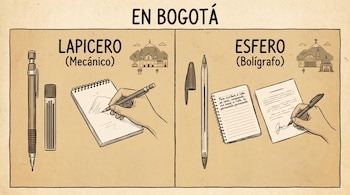 Ilustración de dos paneles comparando un lapicero (lápiz mecánico) y un esfero (bolígrafo) con manos escribiendo. Cada sección incluye íconos de Bogotá.