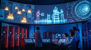 Laboratorio futurista con pantallas curvas gigantes mostrando una ciudad pixelada en llamas y figuras de IA. Cuatro científicos observan entre servidores con luces rojas y azules.