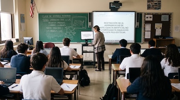 Estudiantes en un aula frente a computadoras portátiles mientras una profesora observa un mensaje de restricción en una pantalla digital.
