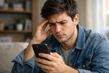 Hombre joven con chaqueta de mezclilla mira un teléfono celular negro en su mano izquierda. Su mano derecha toca su frente.