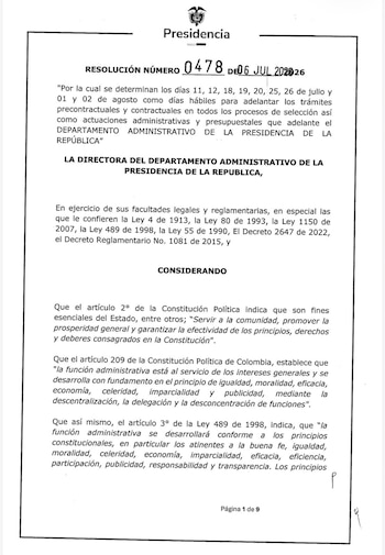 La exsenadora María Fernanda Cabal cuestionó la resolución con la que el Departamento Administrativo de la Presidencia de la República de Colombia (Dapre) declaró hábiles fines de semana, festivos y el 20 de julio para adelantar trámites contractuales - crédito Presidencia