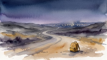 Ilustración en acuarela de una mochila amarilla junto a un camino desértico con colinas y luces lejanas de una ciudad bajo un cielo violeta.