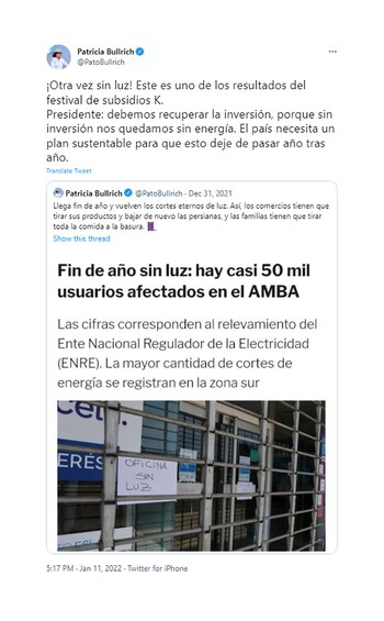 El tuit de Patricia Bullrich