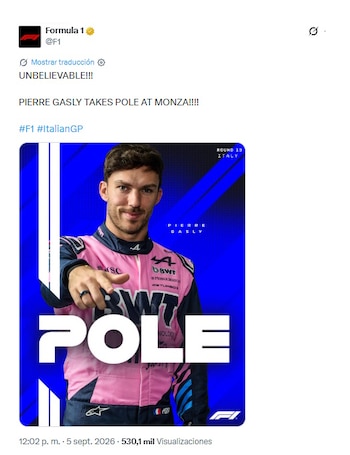 El posteo de la F1 tras la pole de Gasly