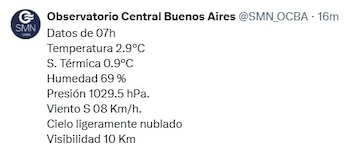 Publicación del Observatorio Central Buenos Aires con datos meteorológicos: temperatura 2.9°C, sensación térmica 0.9°C, humedad 69%, presión 1029.5 hPa, viento S 8 Km/h, cielo ligeramente nublado, visibilidad 10 Km