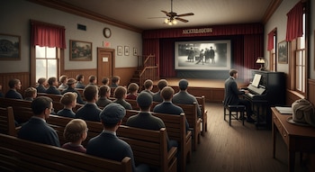 Una sala de cine con público viendo una película muda en pantalla, un pianista tocando un piano, bancas de madera, cortinas rojas, ventilador de techo, y cuadros.