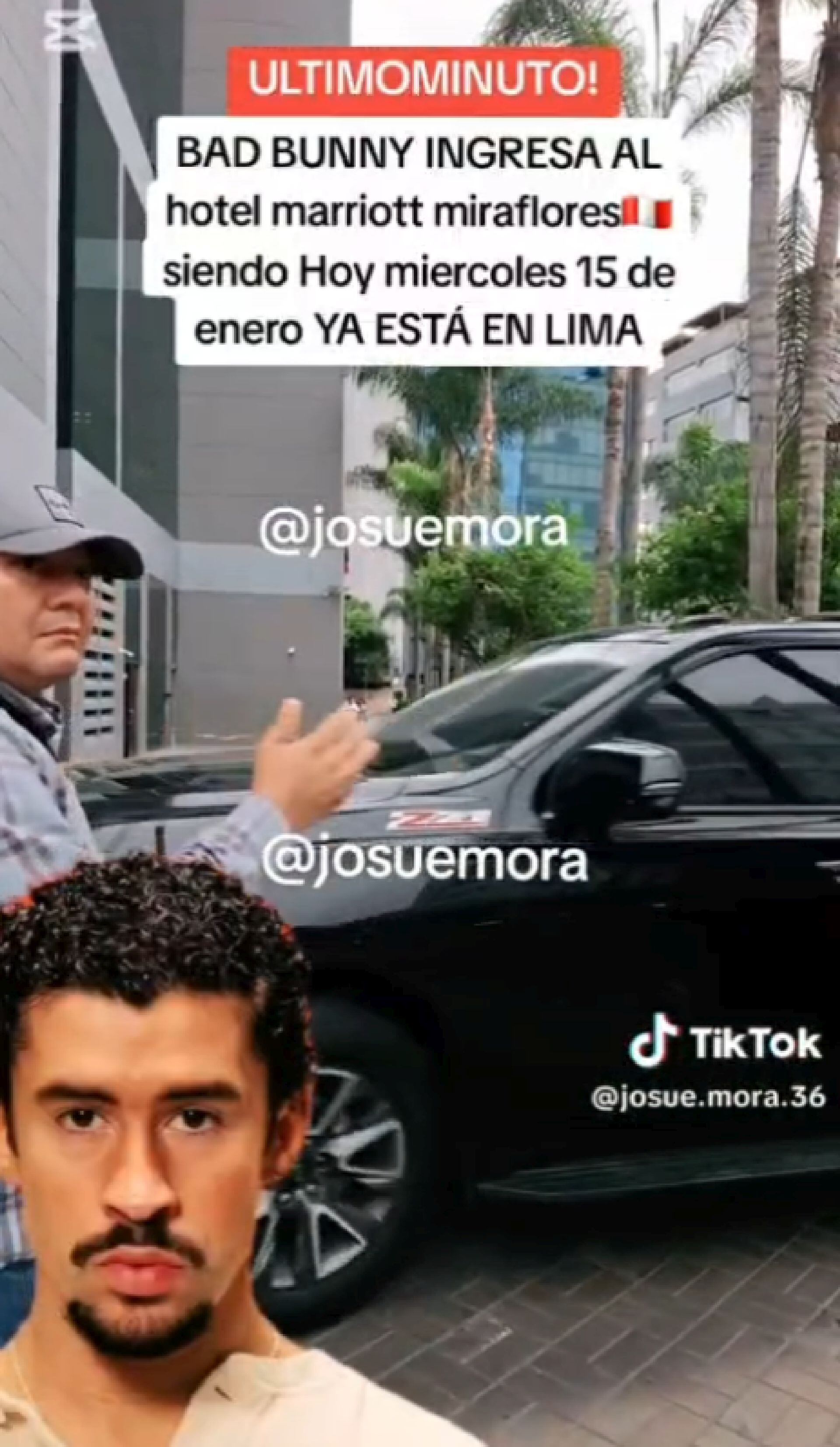 Bad Bunny ingresó a Lima con un operativo reservado, escoltado hasta su hotel tras arribar desde Chile, en medio de estrictas medidas de seguridad y expectativa de seguidores que aguardaban noticias de su llegada. (TikTok)