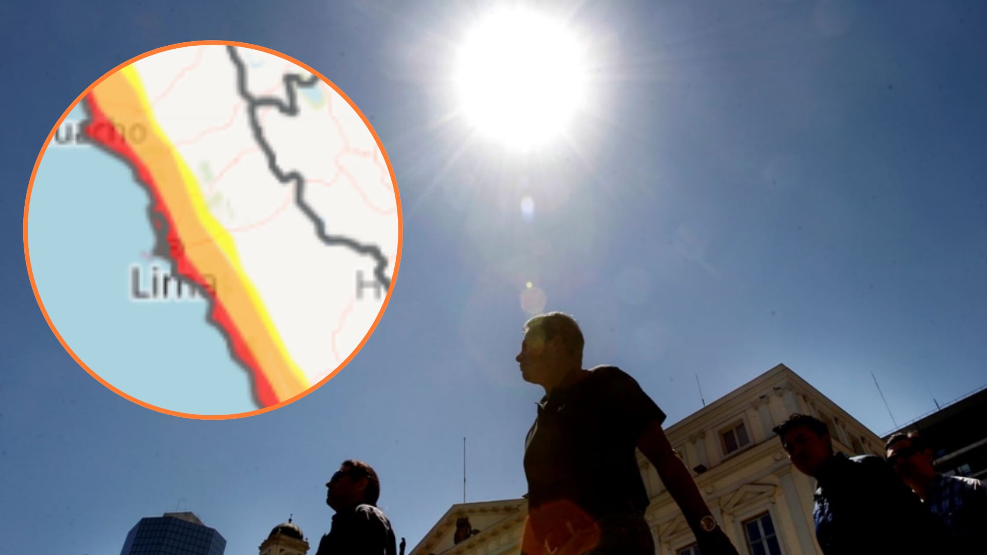 Un mapa del Senamhi señala la alerta roja por el incremento de temperaturas en la costa de Perú mientras transeúntes caminan bajo un sol intenso en Lima. (Senamhi/Agencia Andina)