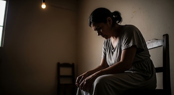 Mujer de cabello oscuro sentada en una silla de madera, cabeza hacia abajo y rostro en sombra, con una bombilla encendida y un marco de ventana al fondo.